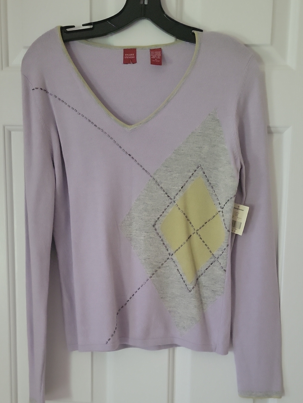 Valerie Stevens Lavender V-Neck Sweater with Gray and Pale Yellow Argyle